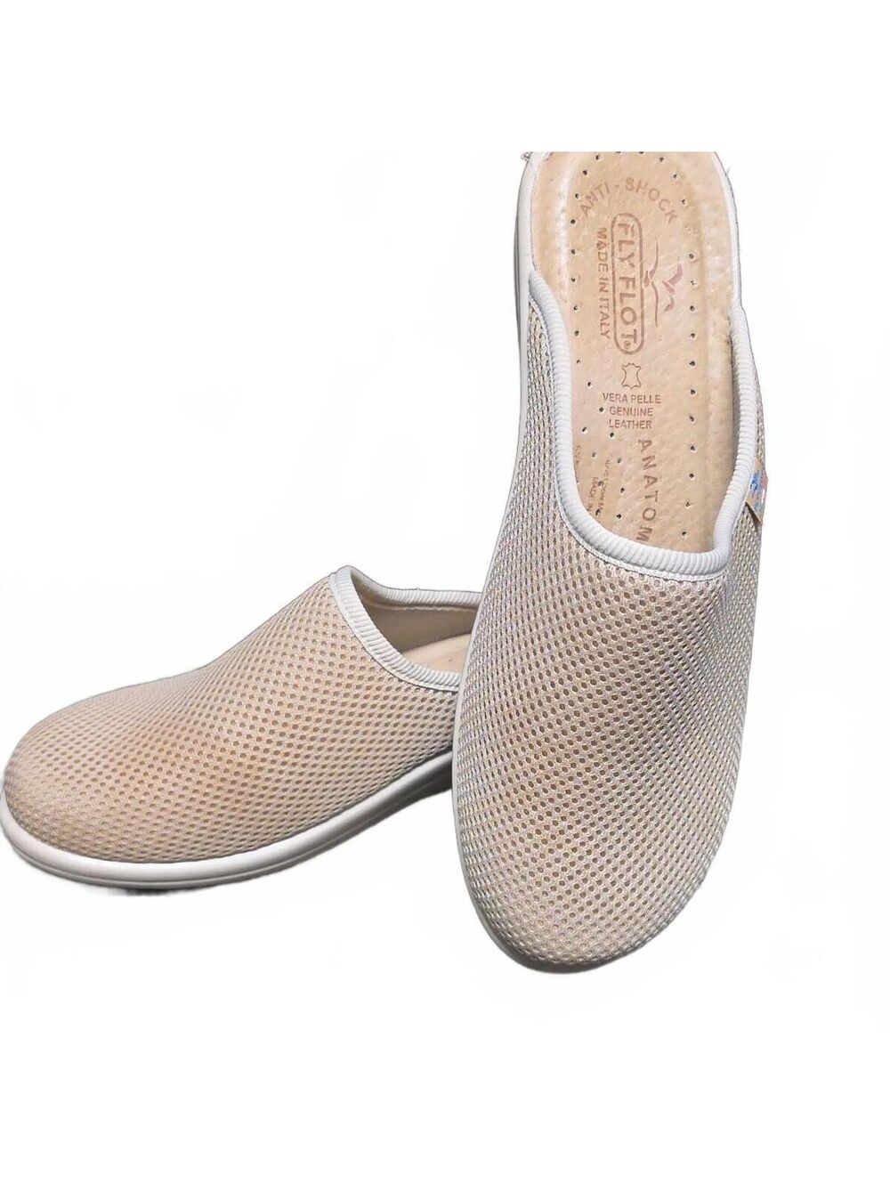 Fly Flot Mules Mesh Size 39/8 Anti Shock Anatomic Slip On Shoe Beige Clogs
